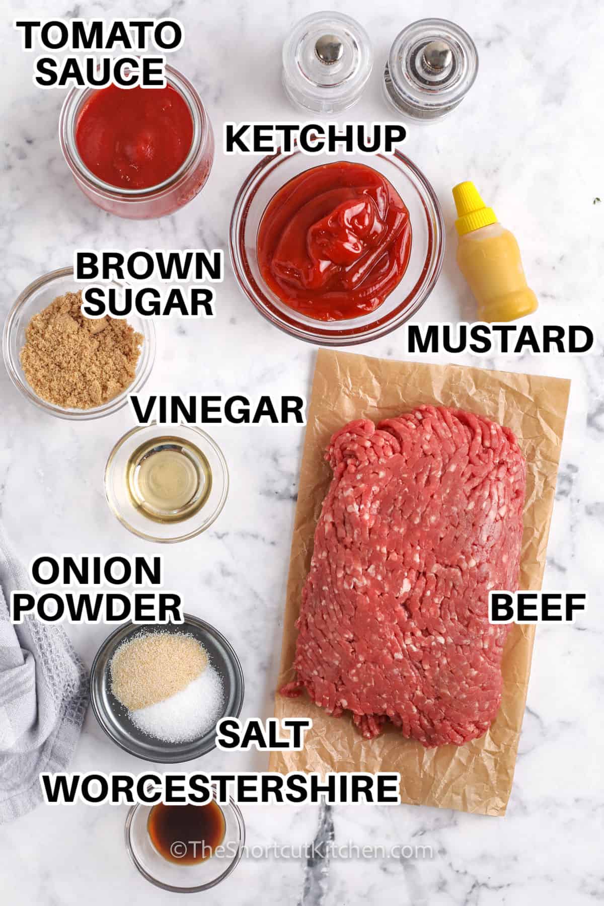 beef, tomato sauce , ketchup , mustard, brown sugar , vinegar , onion powder , Worcestershire and salt to make Homemade Sloppy Joe Sauce with labels