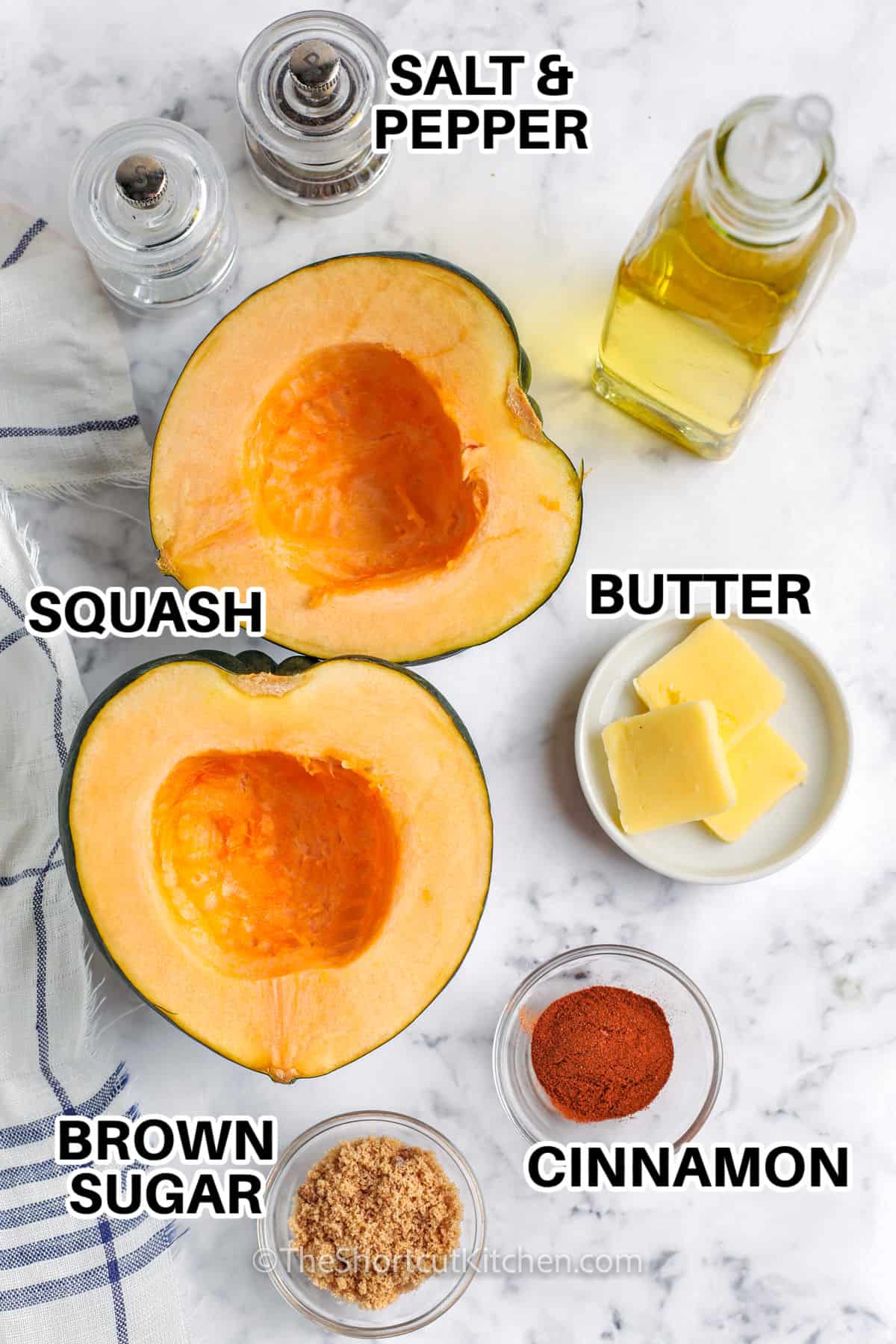 squash , butter , cinnamon , brown sugar and salt and pepper to make Roasted Acorn Squash with labels