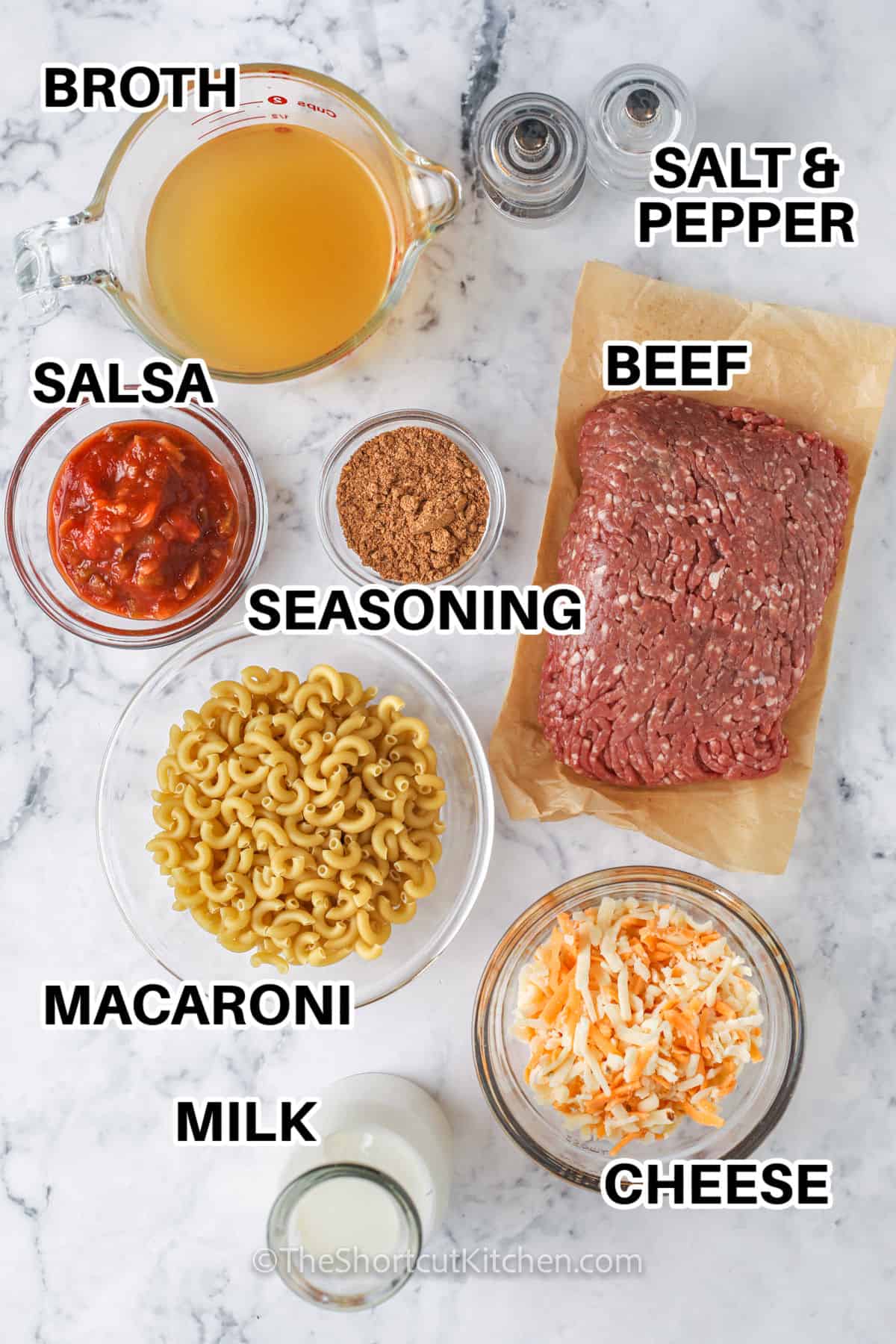 macaroni , beef , broth , salsa , cheese, milk and seasoning to make Taco Mac and Cheese