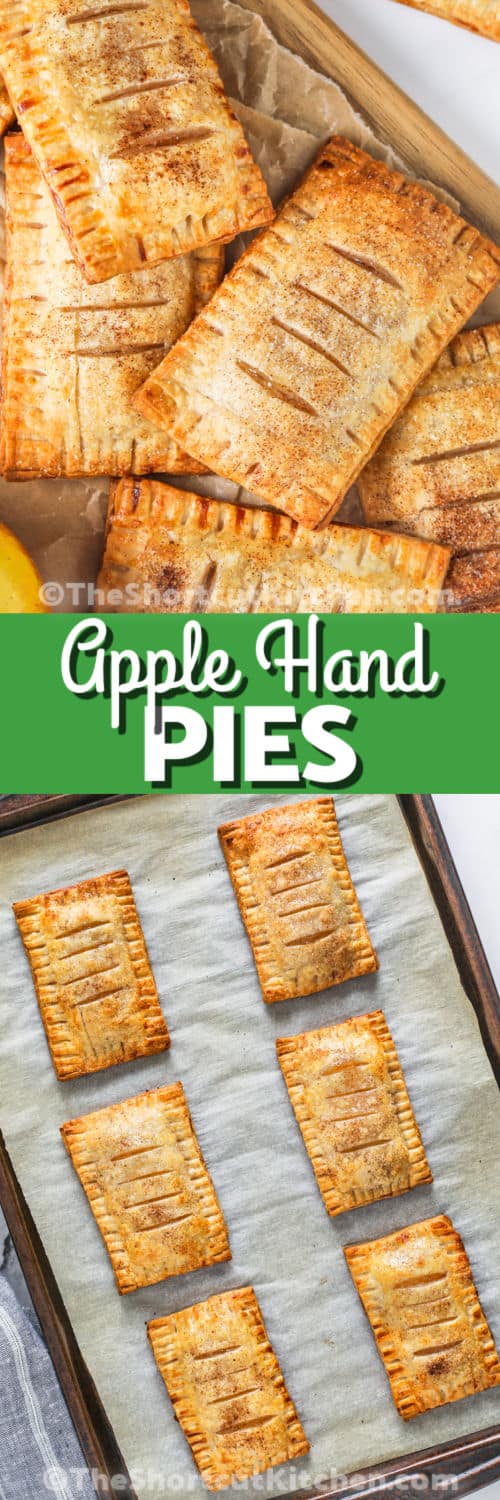 Apple Hand Pies on a sheet pan cooked and plated with writing