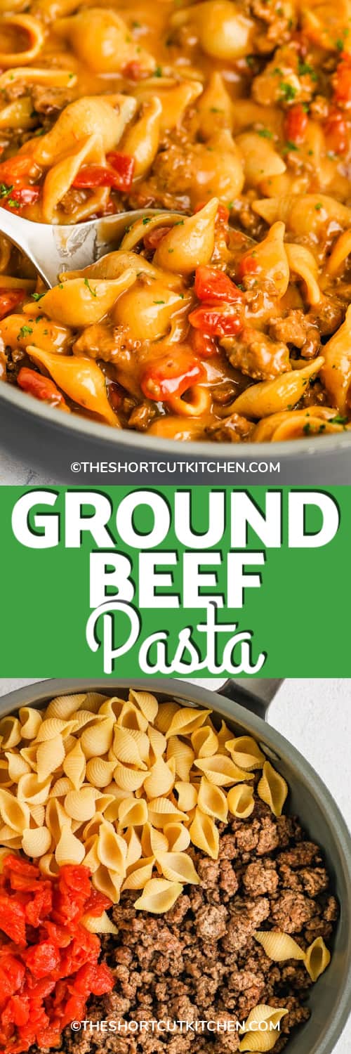 cheesy ground beef pasta in a pan and served with a silver spoon, and ingredients to make the pasta dish under the title