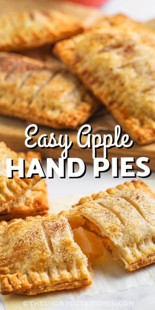 cooked Apple Hand Pies with one in half and writing