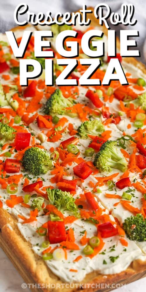 close up of Cold Veggie Pizza with a title