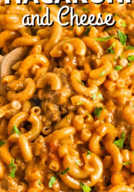 close up of cooked Taco Mac and Cheese with writing