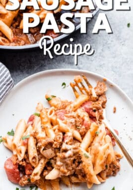 Italian Sausage Pasta and on a white plate with a fork, and the remaining pasta in a pan with a wooden spoon, with a title.