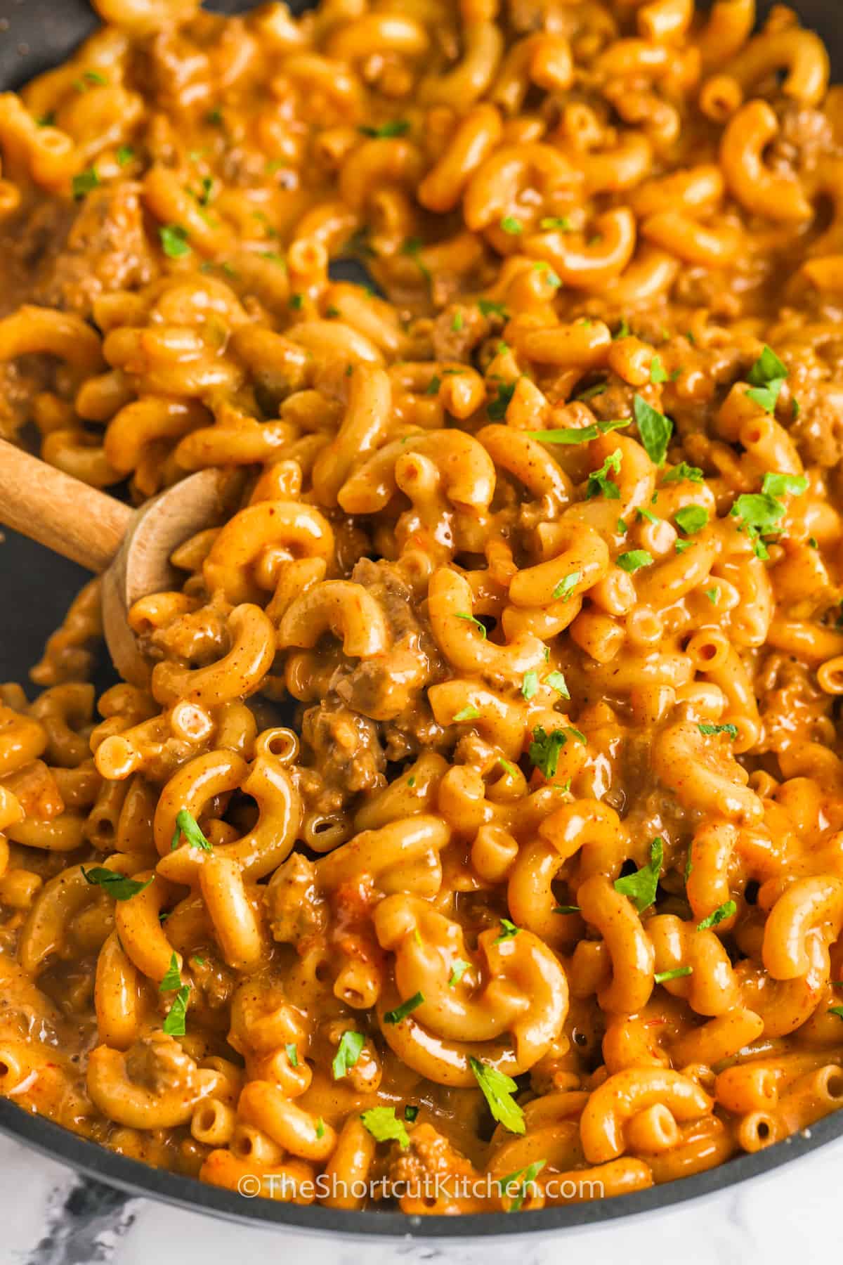 close up of Taco Mac and Cheese in a pan