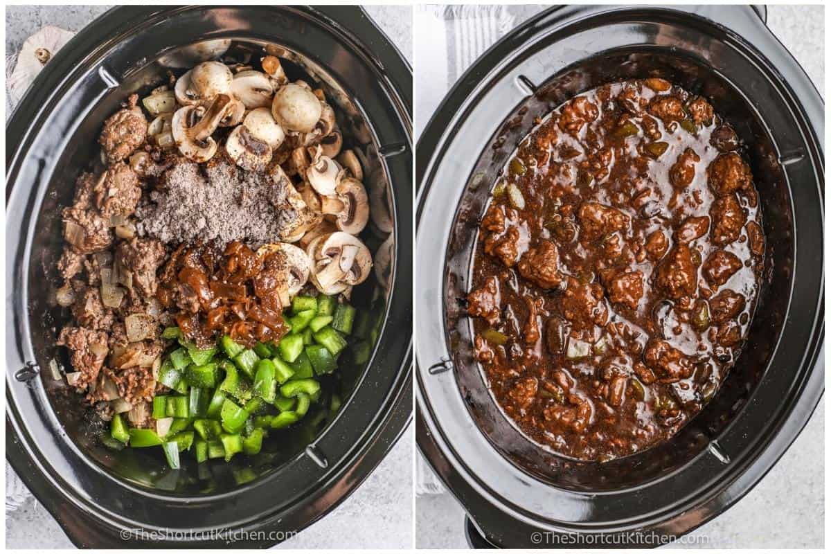 process of mixing ingredients together in pot to make Crock Pot Beef And Gravy