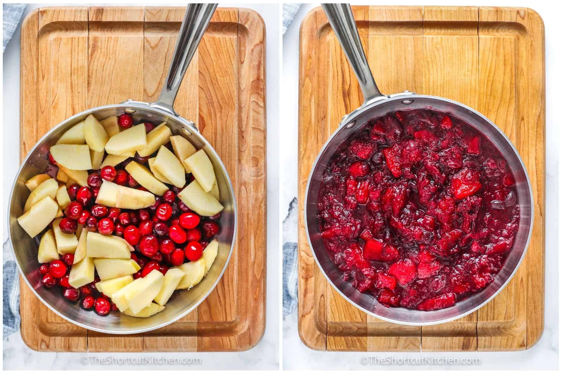 process of adding ingredients together to make Fresh Cranberry Apple Sauce