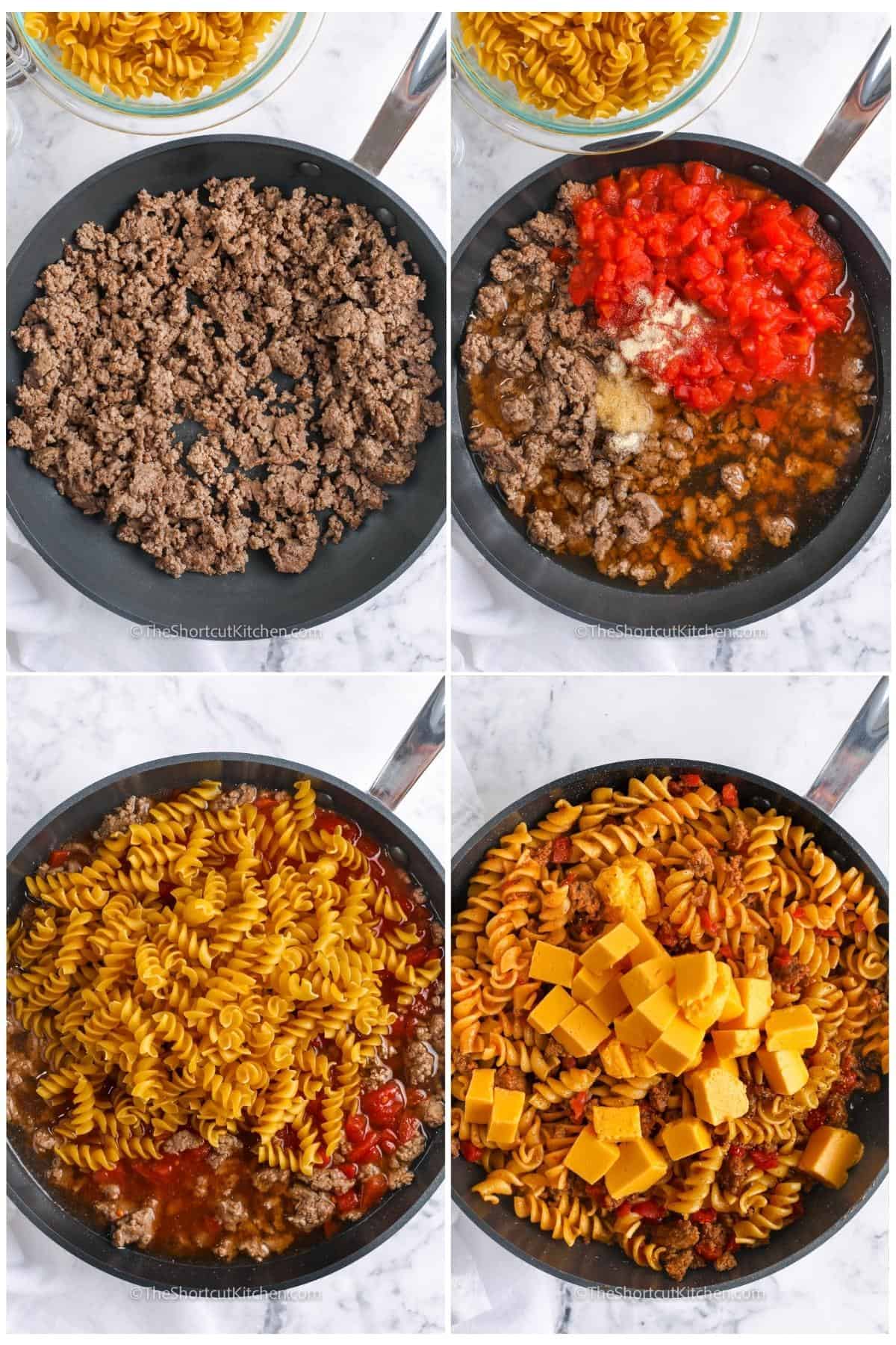 process of adding ingredients together to make Skillet Pasta With Ground Beef