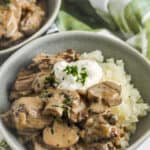 Beef Stroganoff Recipe in a bowl with mashed potatoes