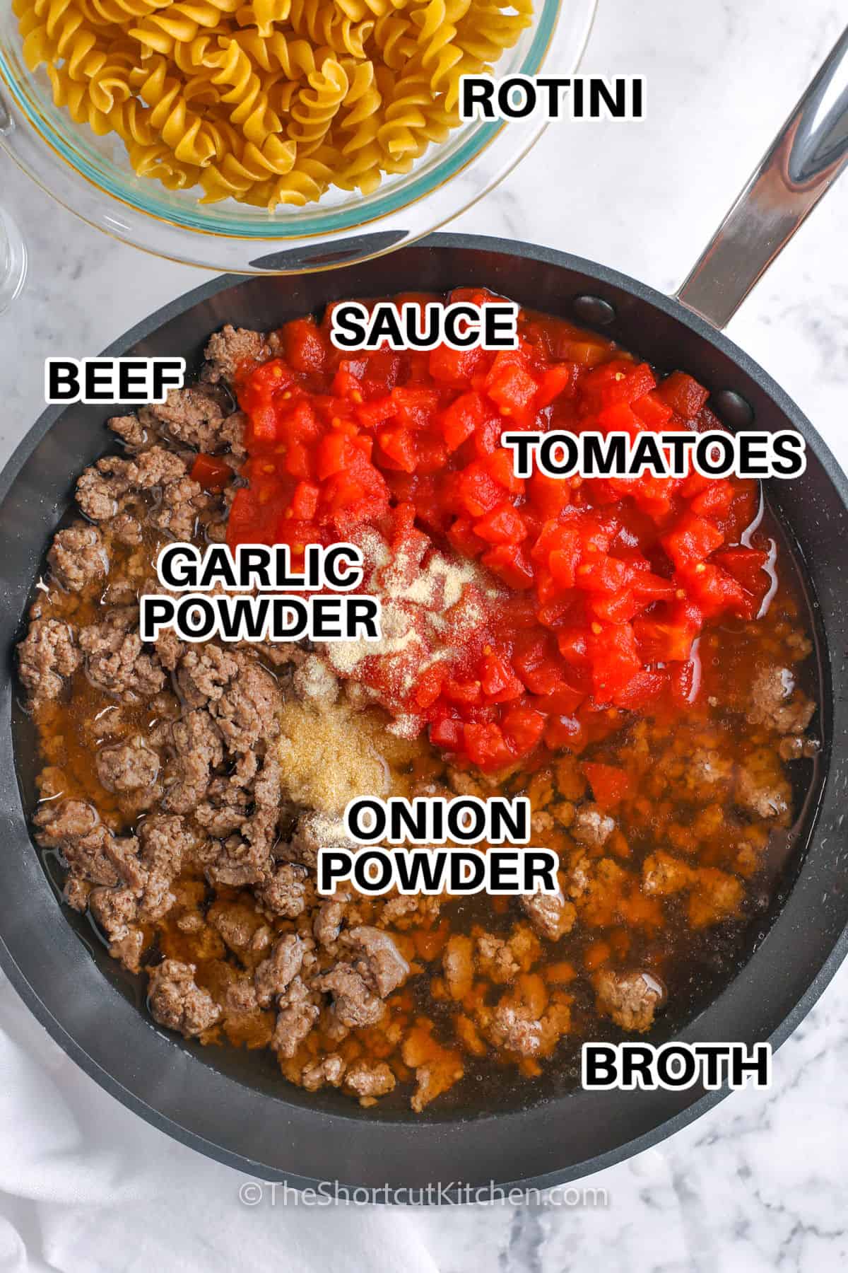 rotini , beef , sauce , tomatoes , garlic powder , onion powder and broth to make Skillet Pasta With Ground Beef