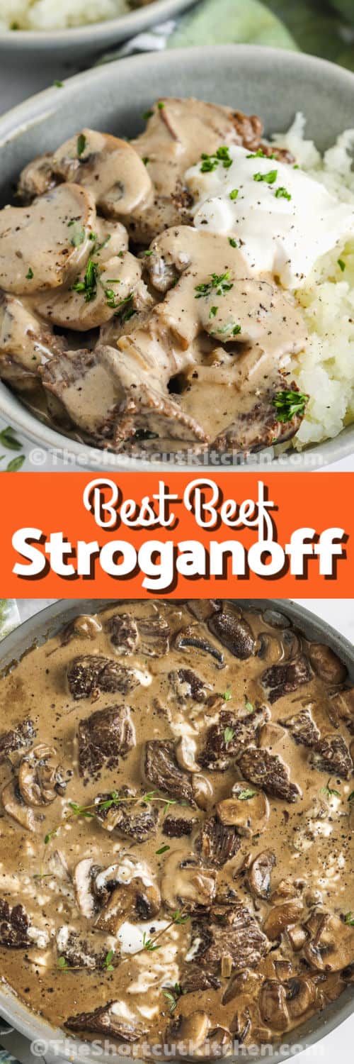 Beef Stroganoff Recipe in the pot and plated with writing