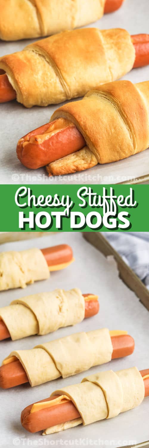 Crescent Roll Hot Dogs before and after baking with writing