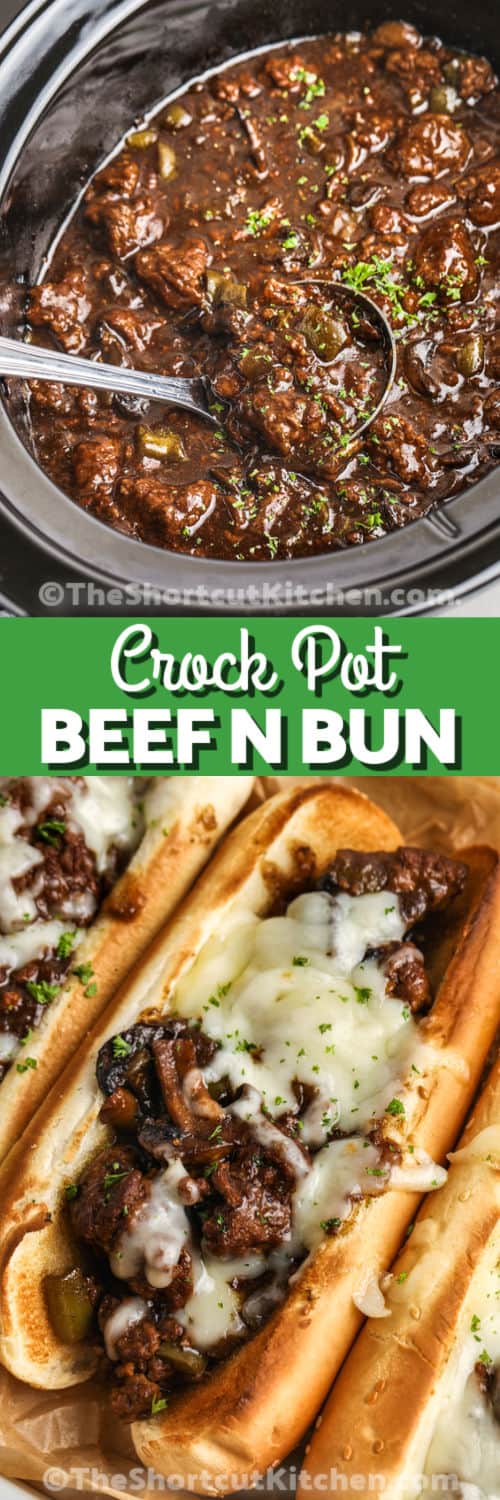 Crock Pot Beef And Gravy cooked in the pot and in a bun with writing