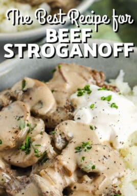 bowl of Beef Stroganoff Recipe with writing