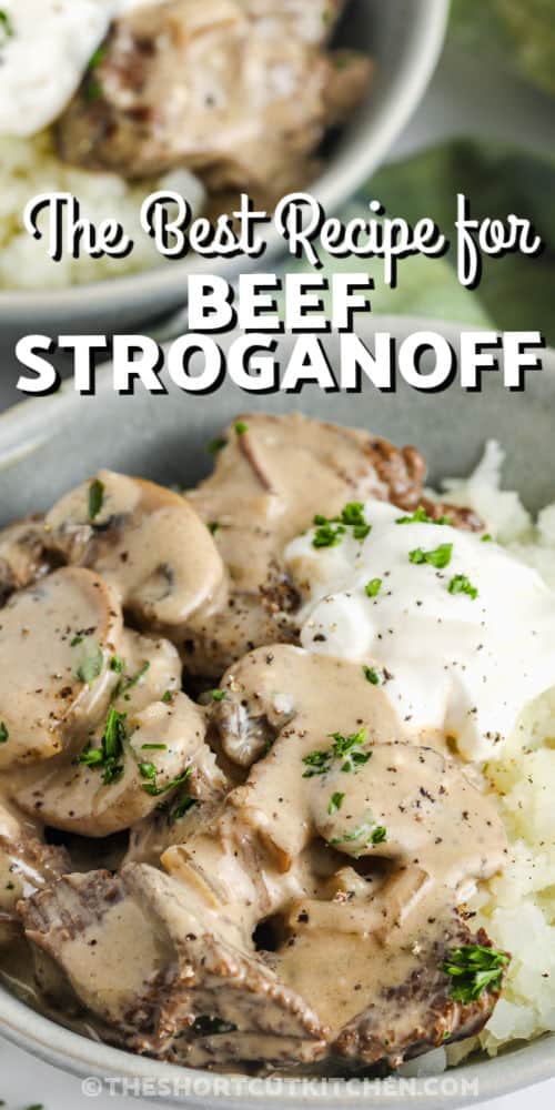 bowl of Beef Stroganoff Recipe with writing