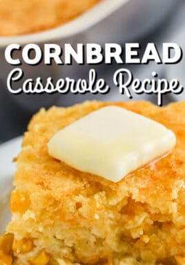 plated slice of Cornbread Casserole with writing