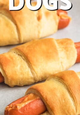 close up of Crescent Roll Hot Dogs with writing