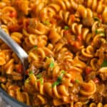 close up of Skillet Pasta With Ground Beef in the pan