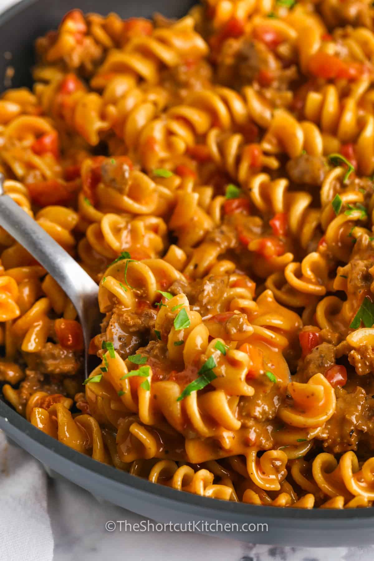 close up of Skillet Pasta With Ground Beef in the pan