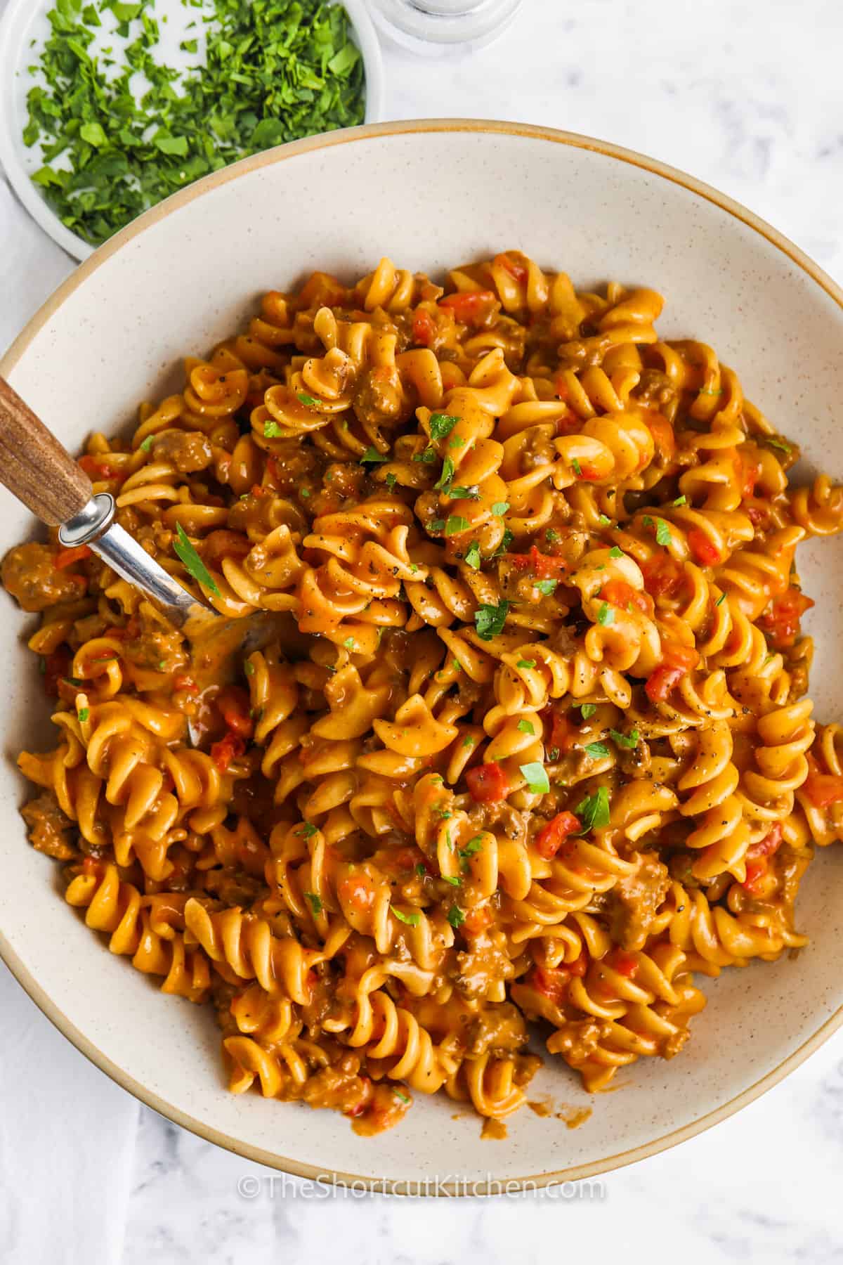 top view of Skillet Pasta With Ground Beef in a bowl