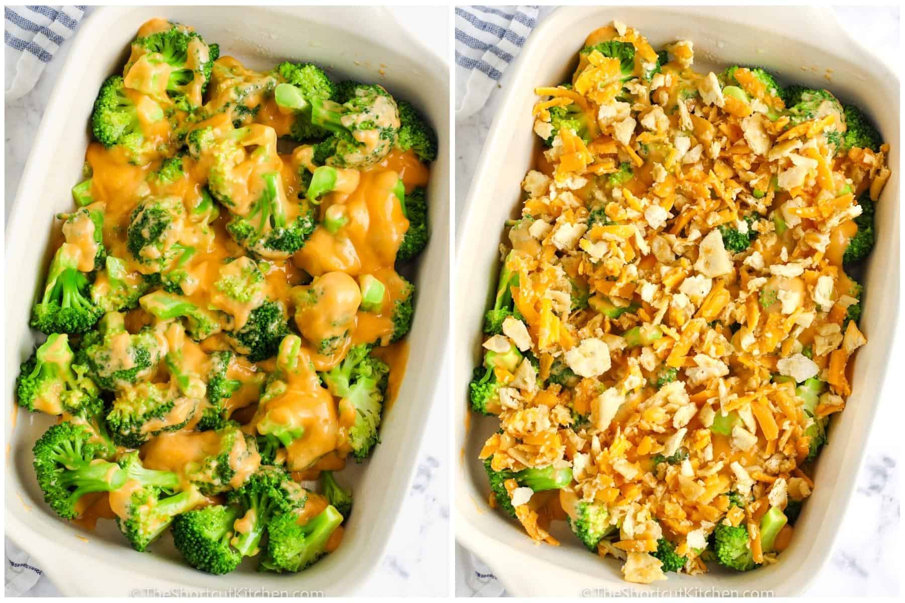 process of adding ingredients to broccoli to make Baked Broccoli and Cheese Casserole