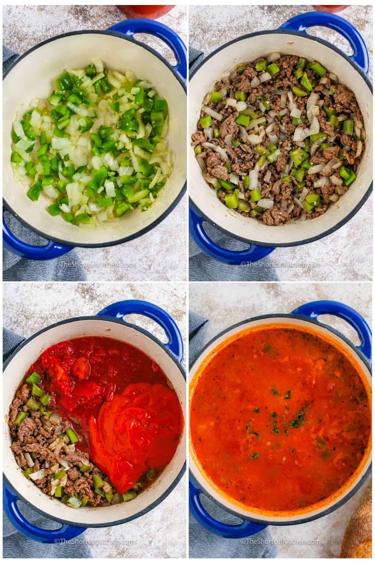 process of adding ingredients together to make Beef and Tomato Macaroni Soup