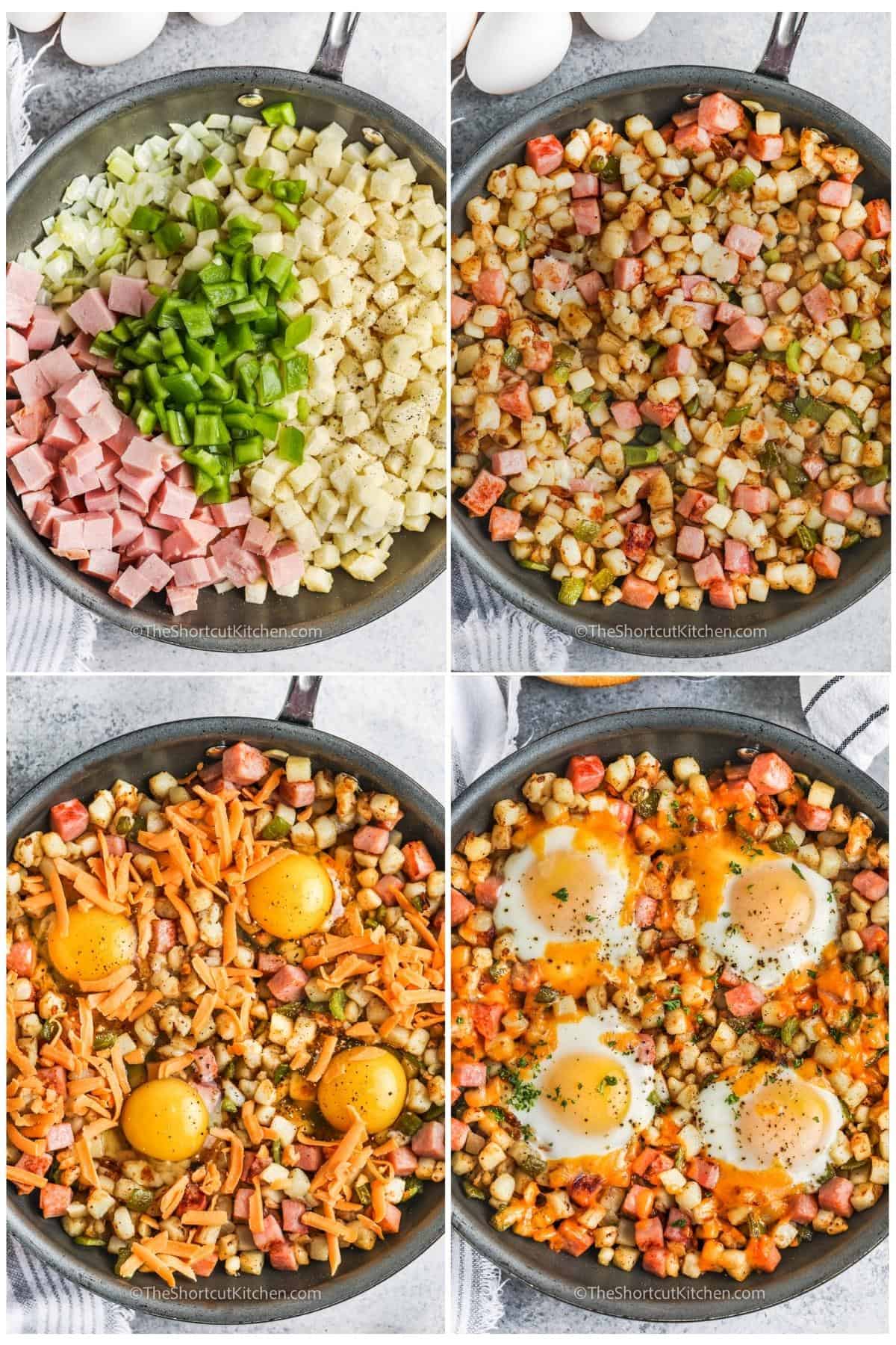 process of adding ingredients together to make Breakfast Hash With Ham