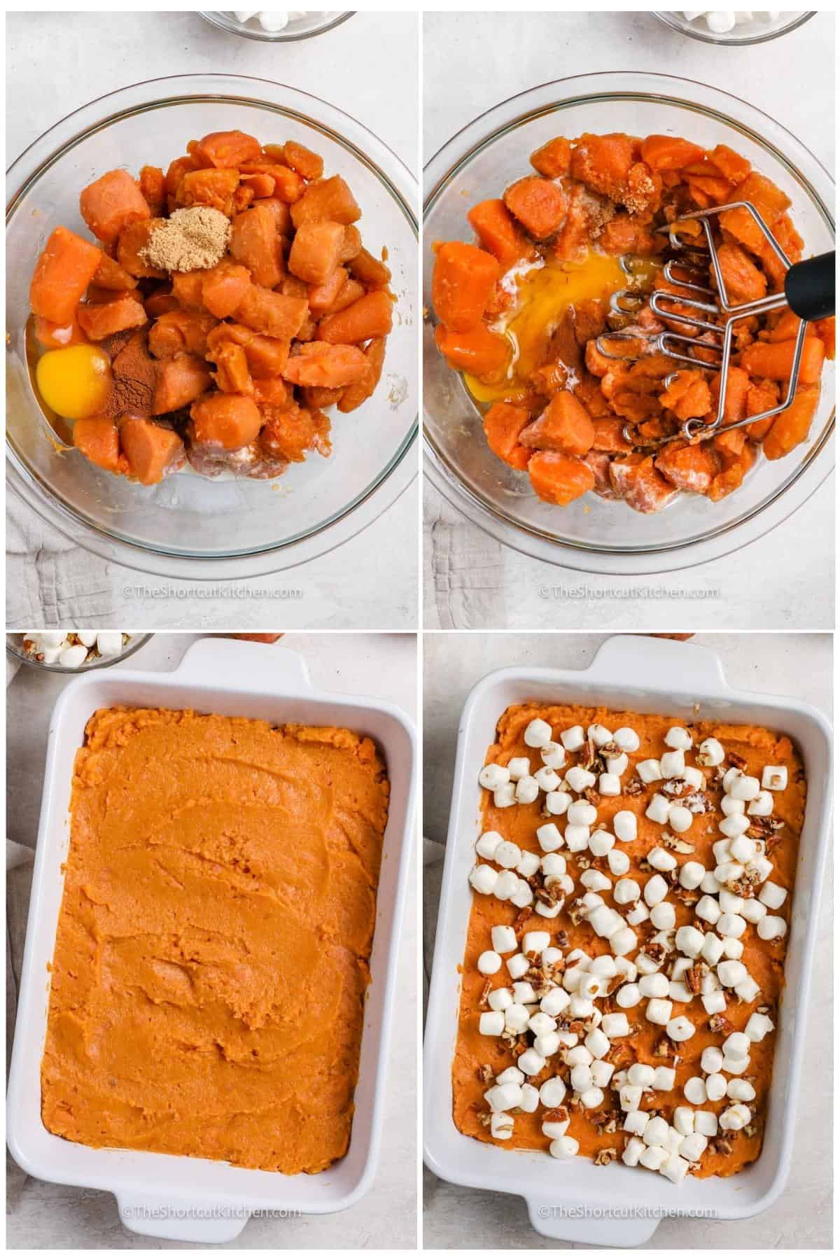 process of adding ingredients together to make Canned Sweet Potato Casserole
