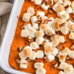 close up of Canned Sweet Potato Casserole in the dish