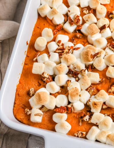 close up of Canned Sweet Potato Casserole in the dish