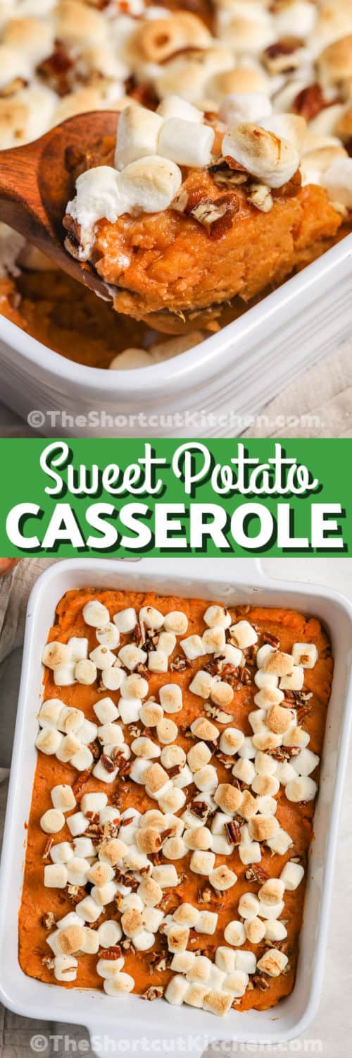 Canned Sweet Potato Casserole in the dish and close up with writing