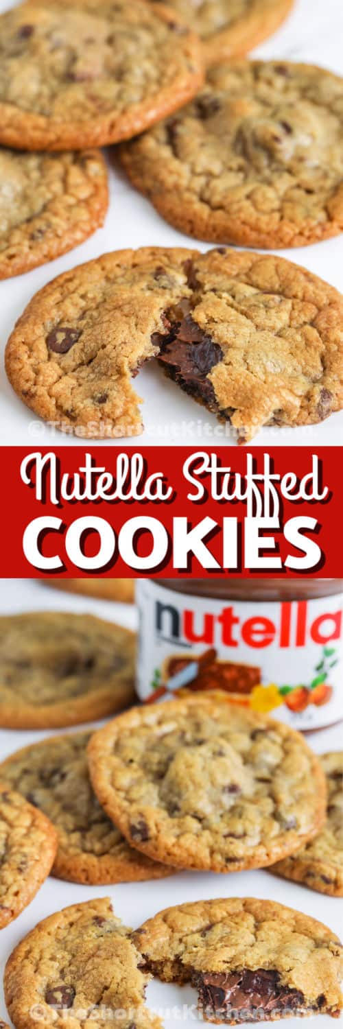 Nutella Stuffed Cookies and a jar of Nutella with writing
