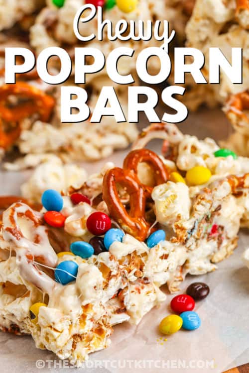 close up of Popcorn Bars with a title