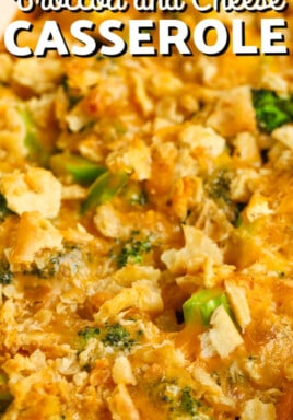 close up of Baked Broccoli and Cheese Casserole in the dish with writing