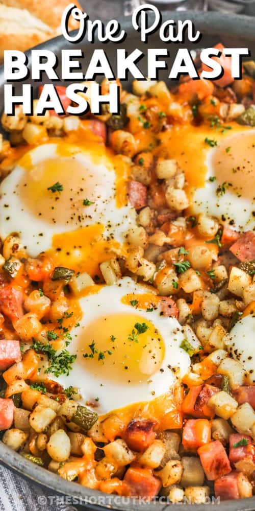 close up of Breakfast Hash With Ham in the pan