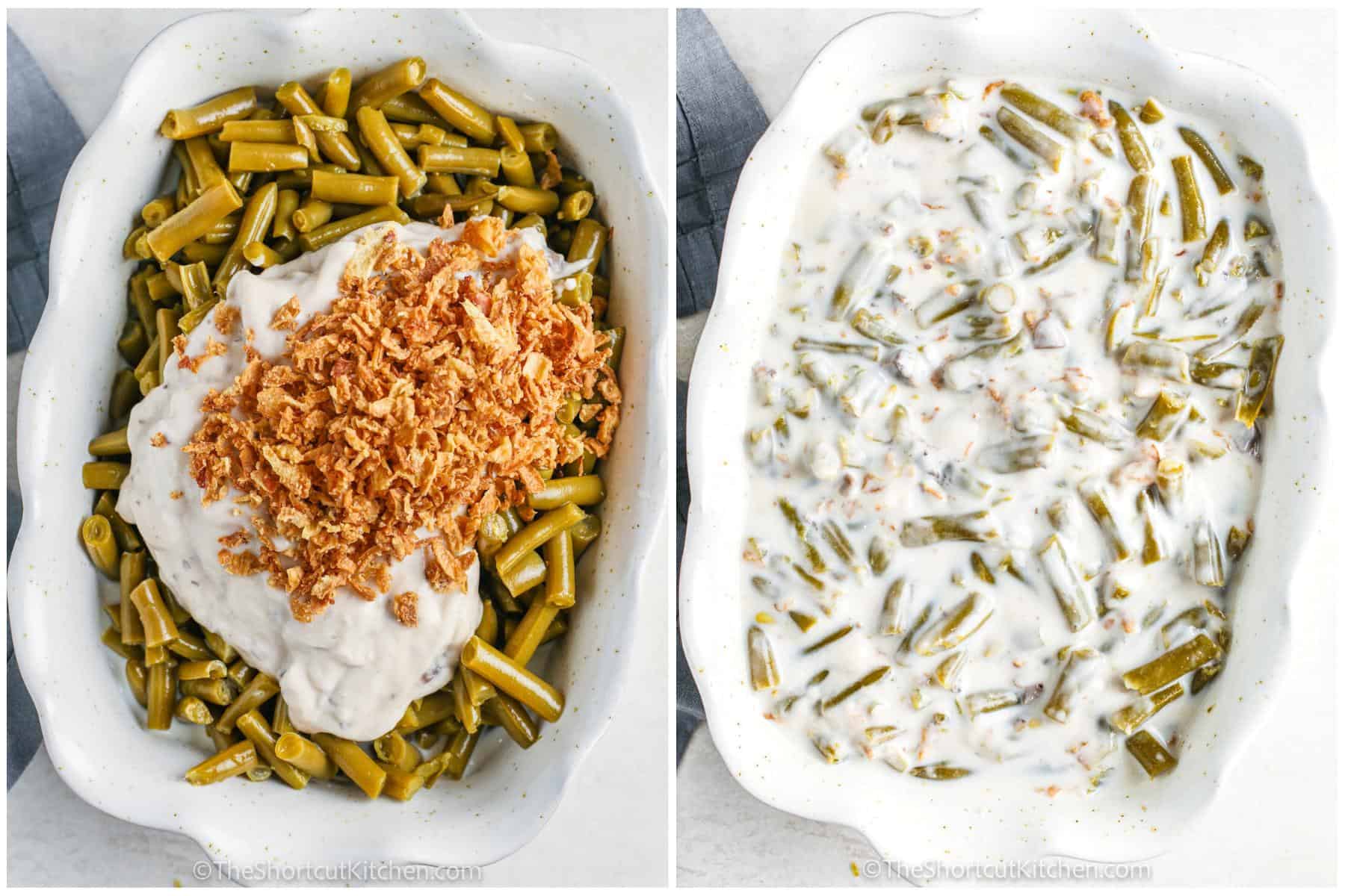process of mixing ingredients together to make Canned Green Bean Casserole