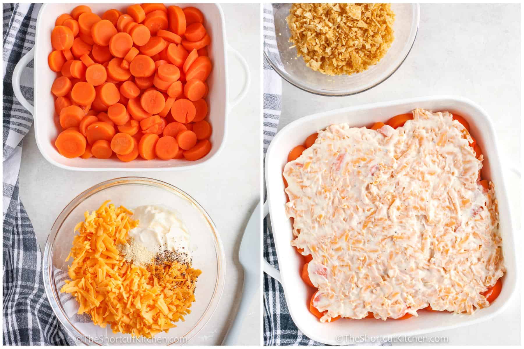 process of adding cheese mix to carrots to make Carrot Casserole