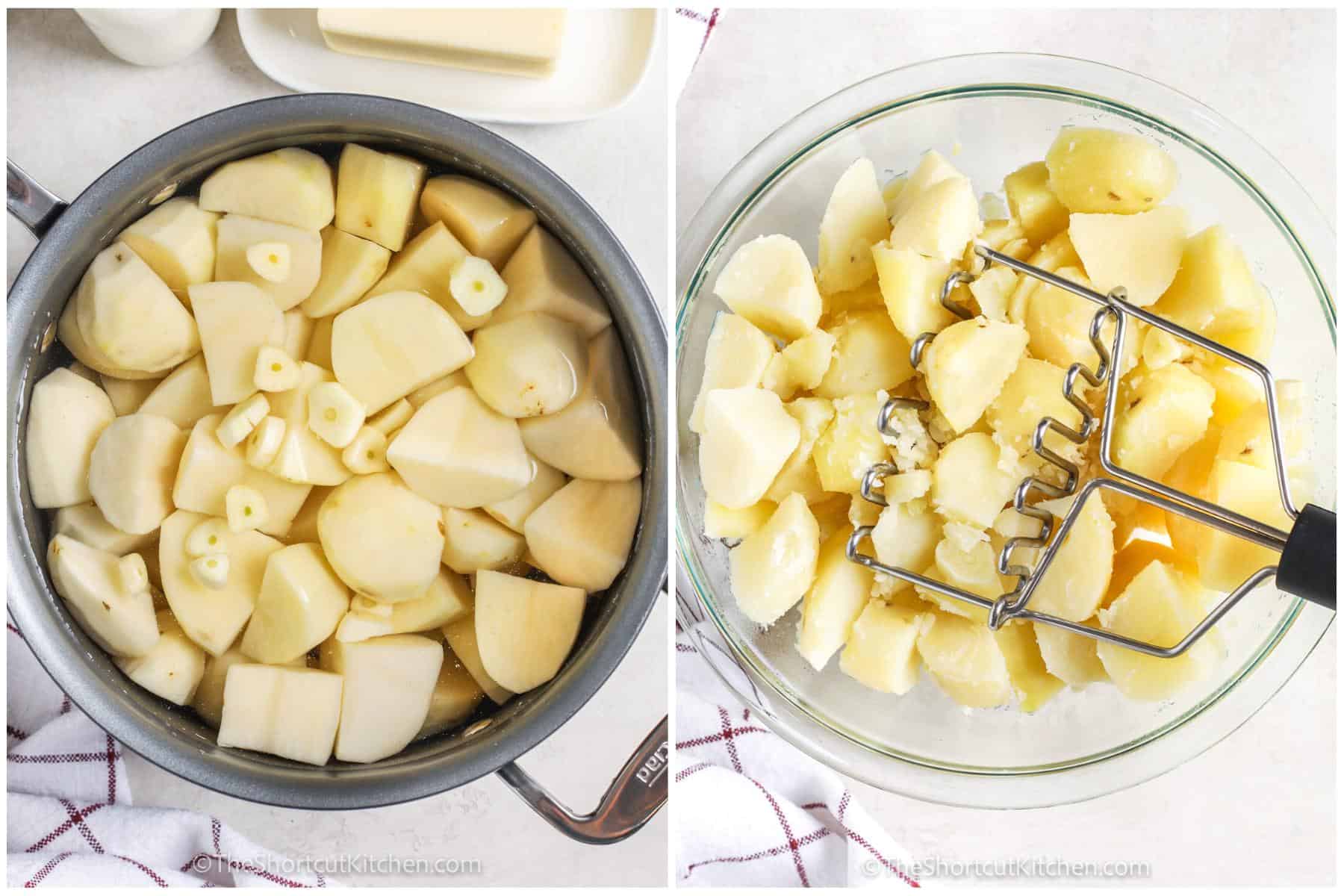 process of mashing Creamy Garlic Mashed Potatoes