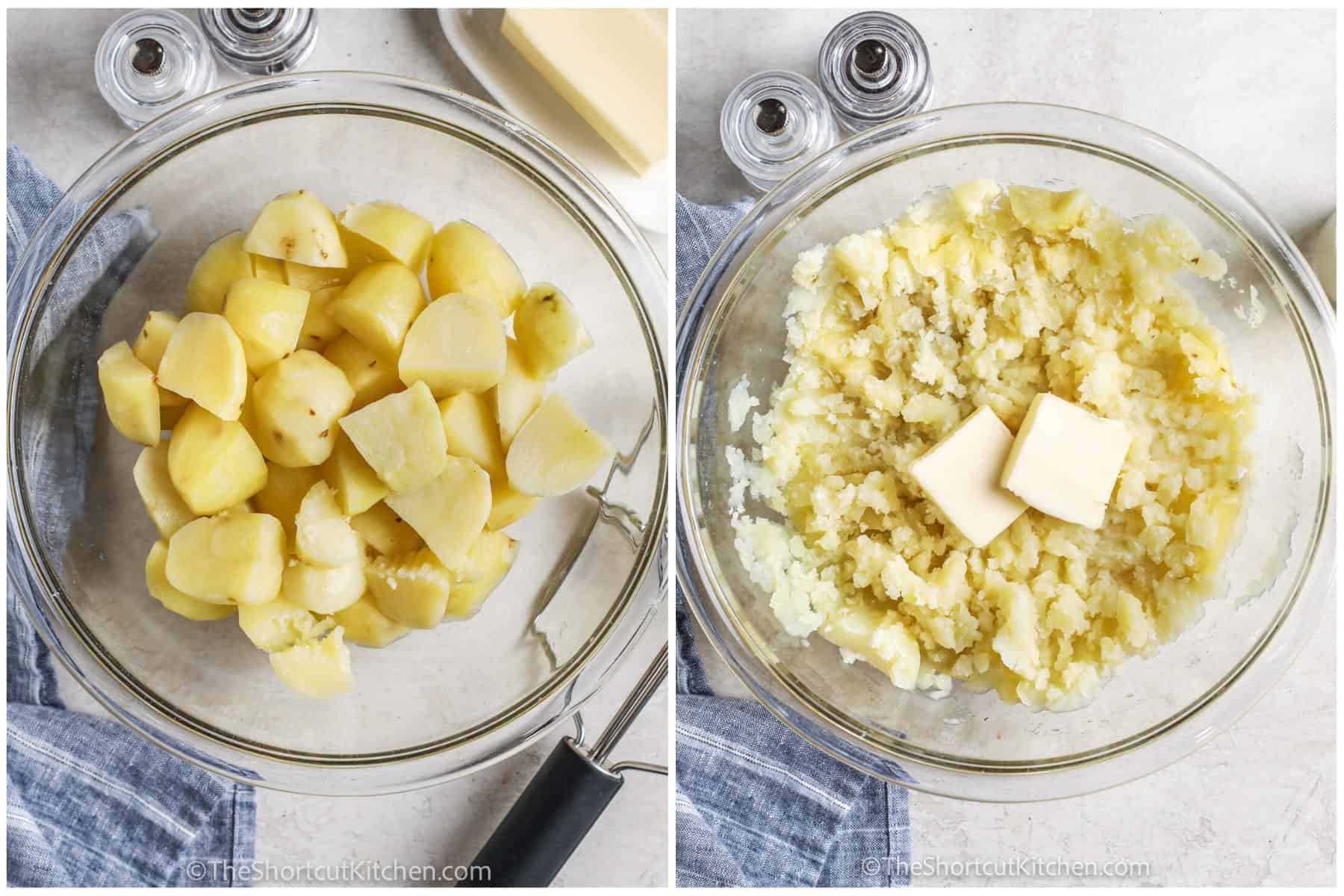 process of adding butter to potatoes to mash Microwave Mashed Potatoes