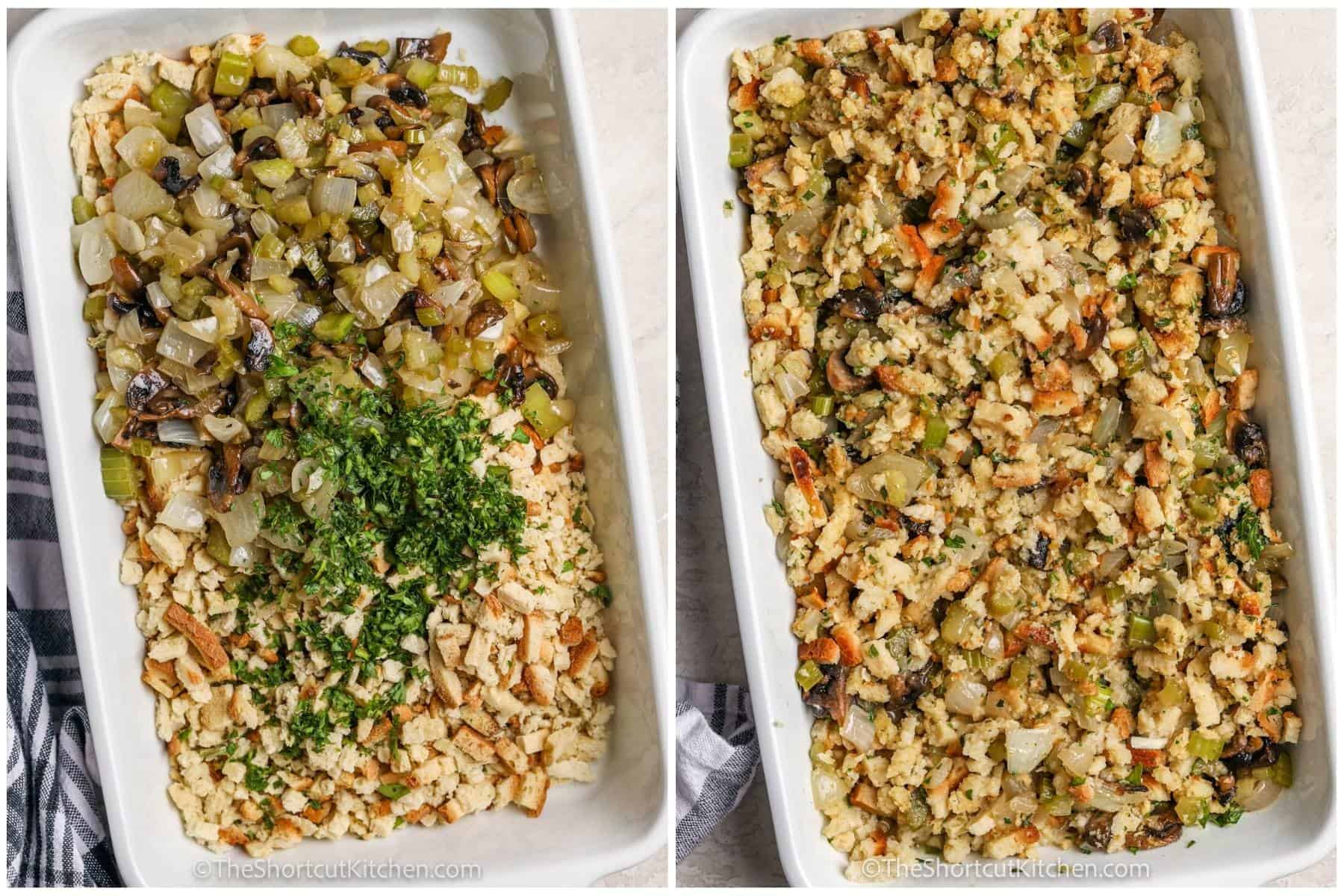 process of mixing ingredients together to make Shortcut Stuffing from a Box