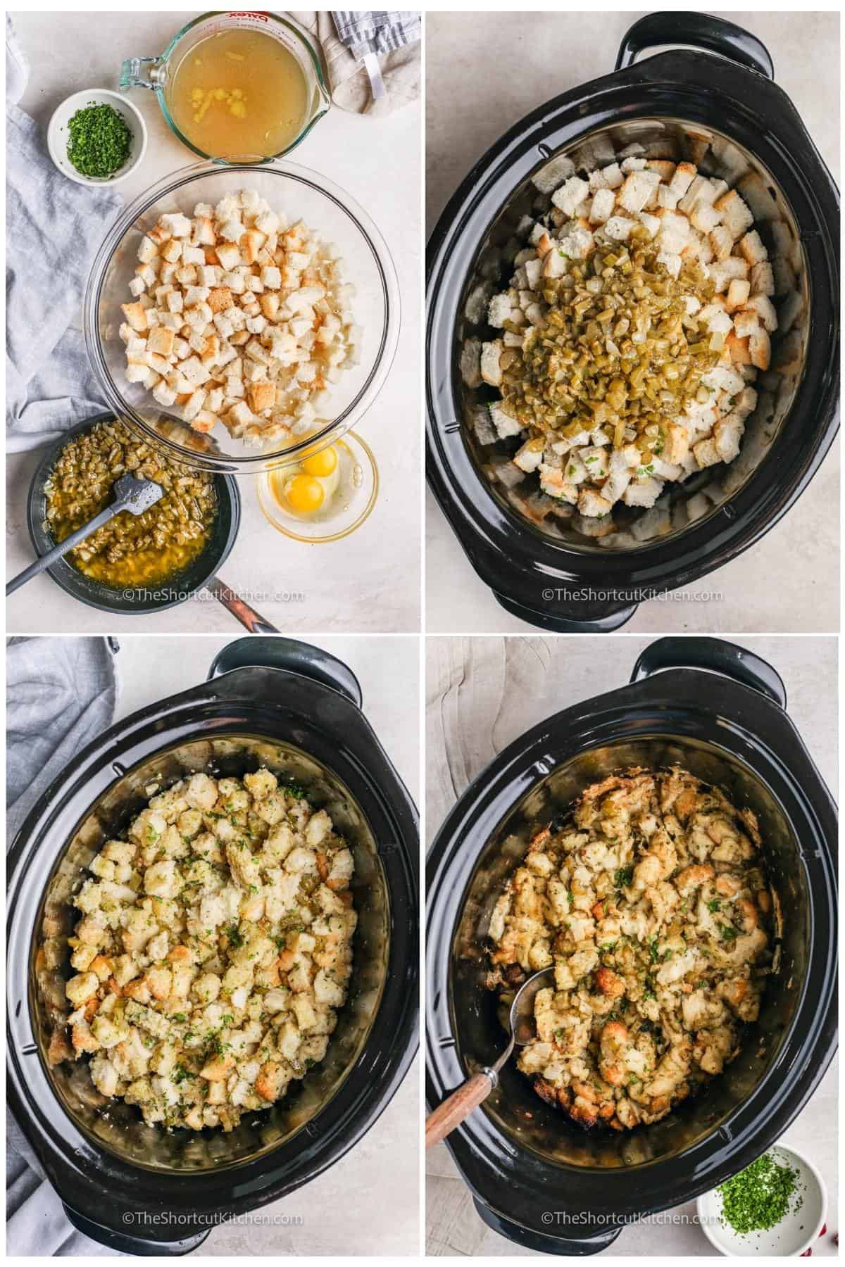 process of adding ingredients together to make Easy Slow Cooker Stuffing