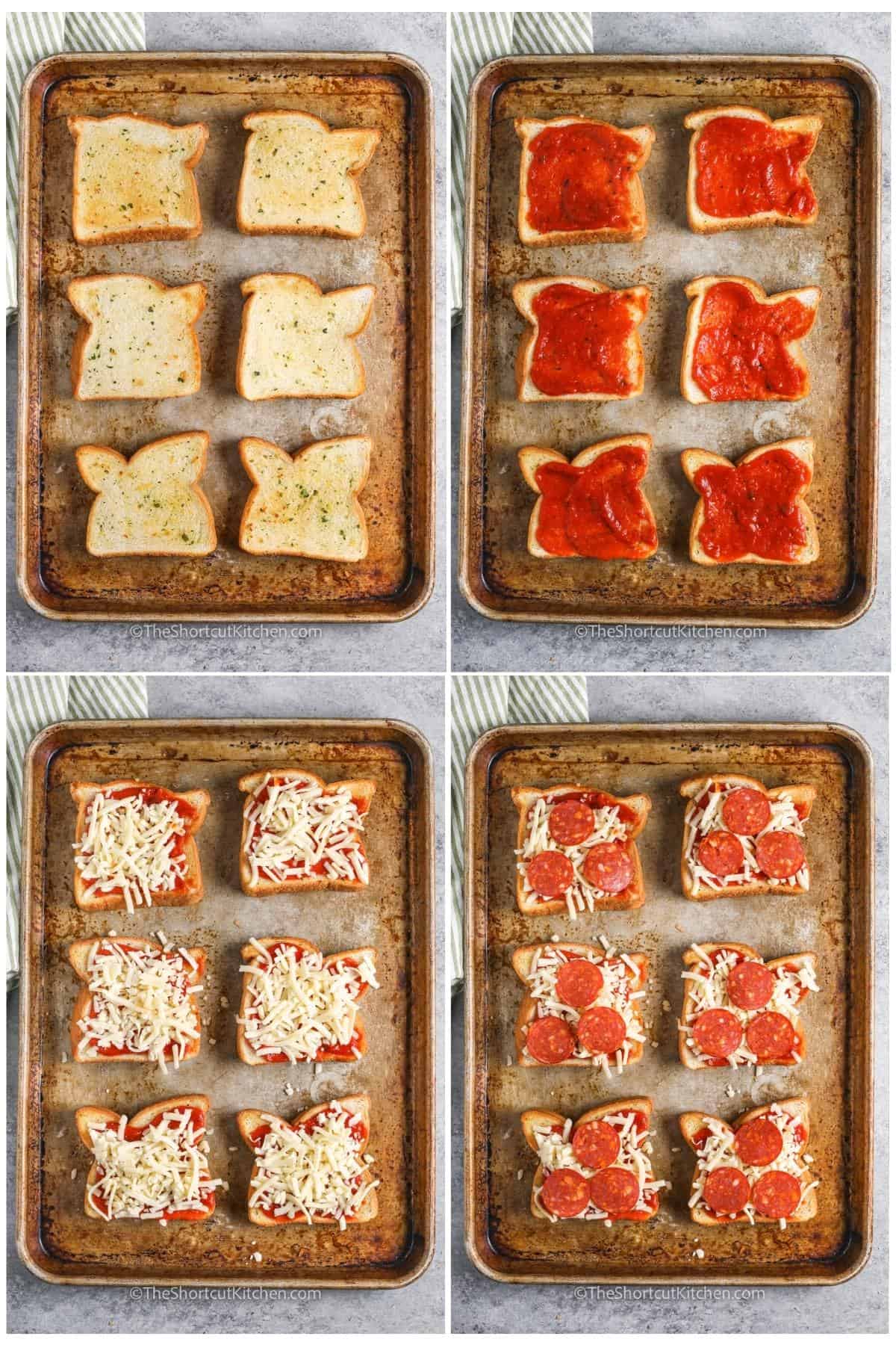 process of adding ingredients together to make Texas Toast Pizza