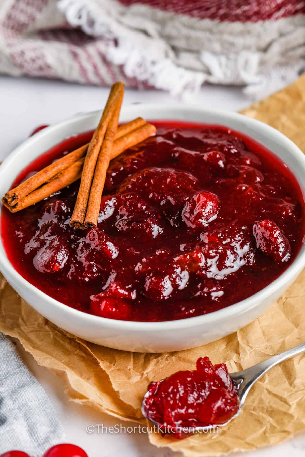 close up of Better Canned Cranberry Sauce in a bowl with a spoon full beside it