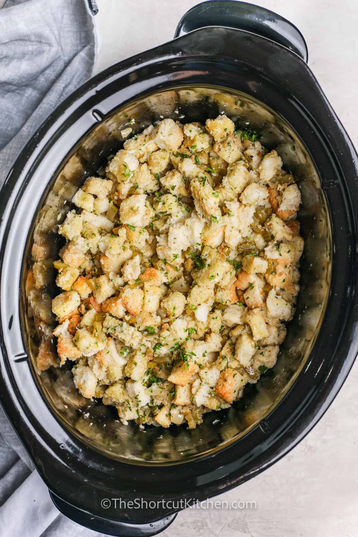 Easy Slow Cooker Stuffing in the pot before cooking