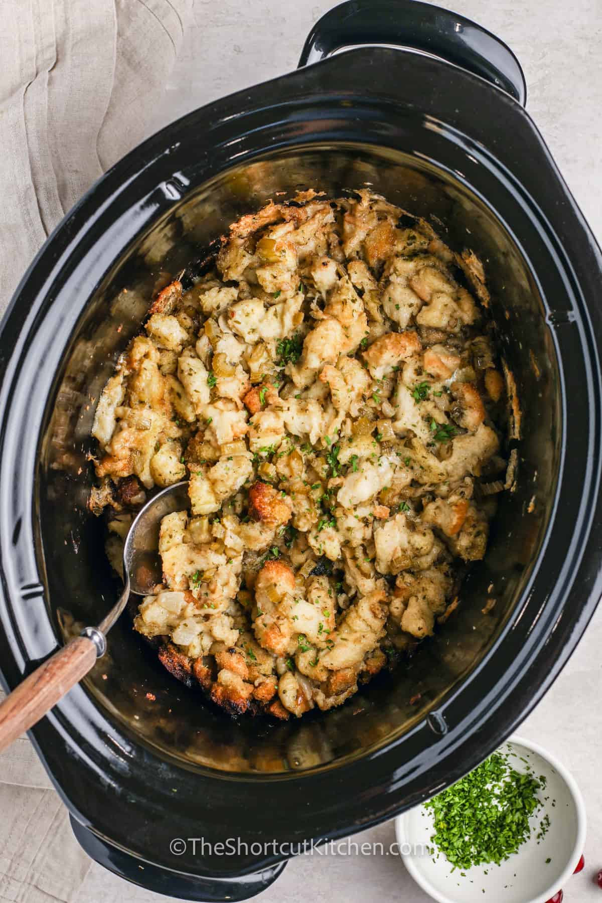 cooked Easy Slow Cooker Stuffing in the crockpot