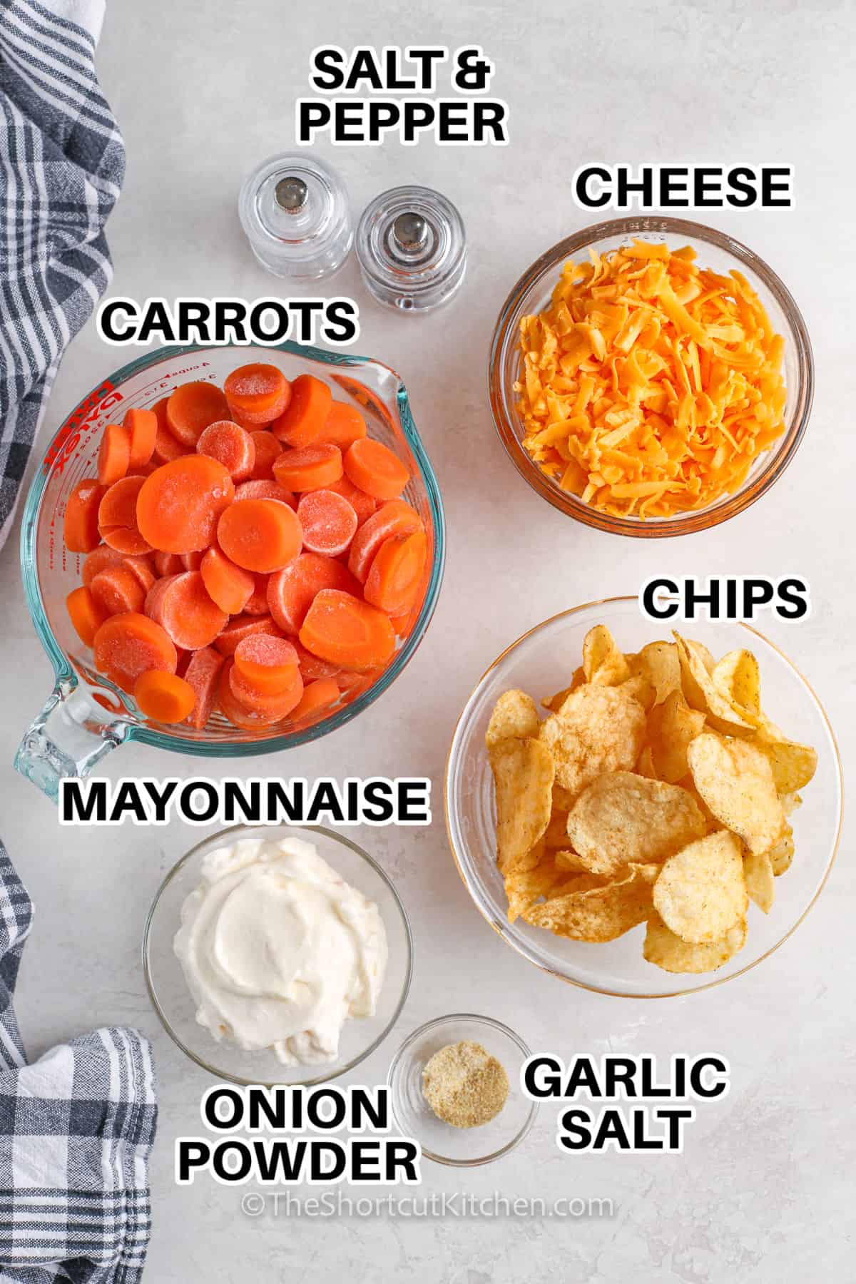 carrots , cheese , chips , mayonnaise , onion powder , garlic salt and salt and pepper with labels to make Carrot Casserole