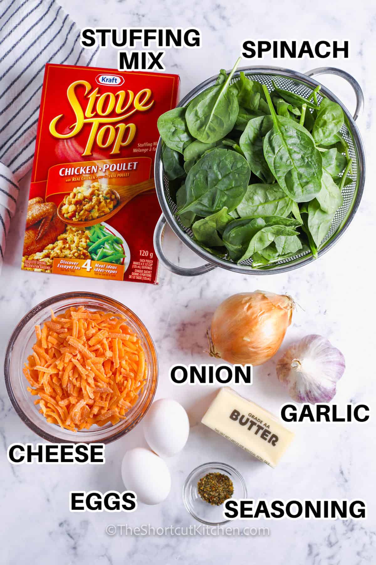 stuffing mix , spinach , cheese , onion , garlic , eggs and seasonings to make Cheesy Spinach Stuffing Casserole with labels