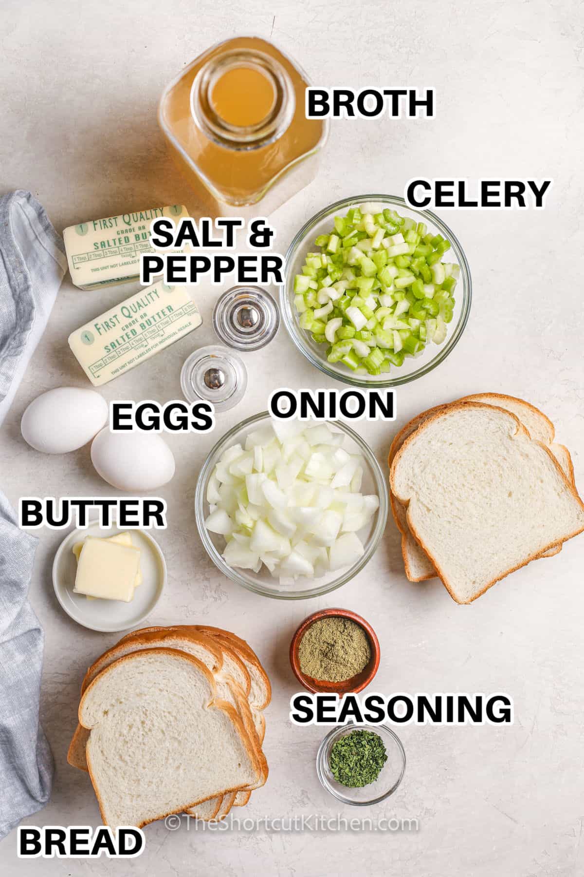 broth , celery , onion , eggs , butter , bread and seasonings to make Crockpot Stuffing with labels