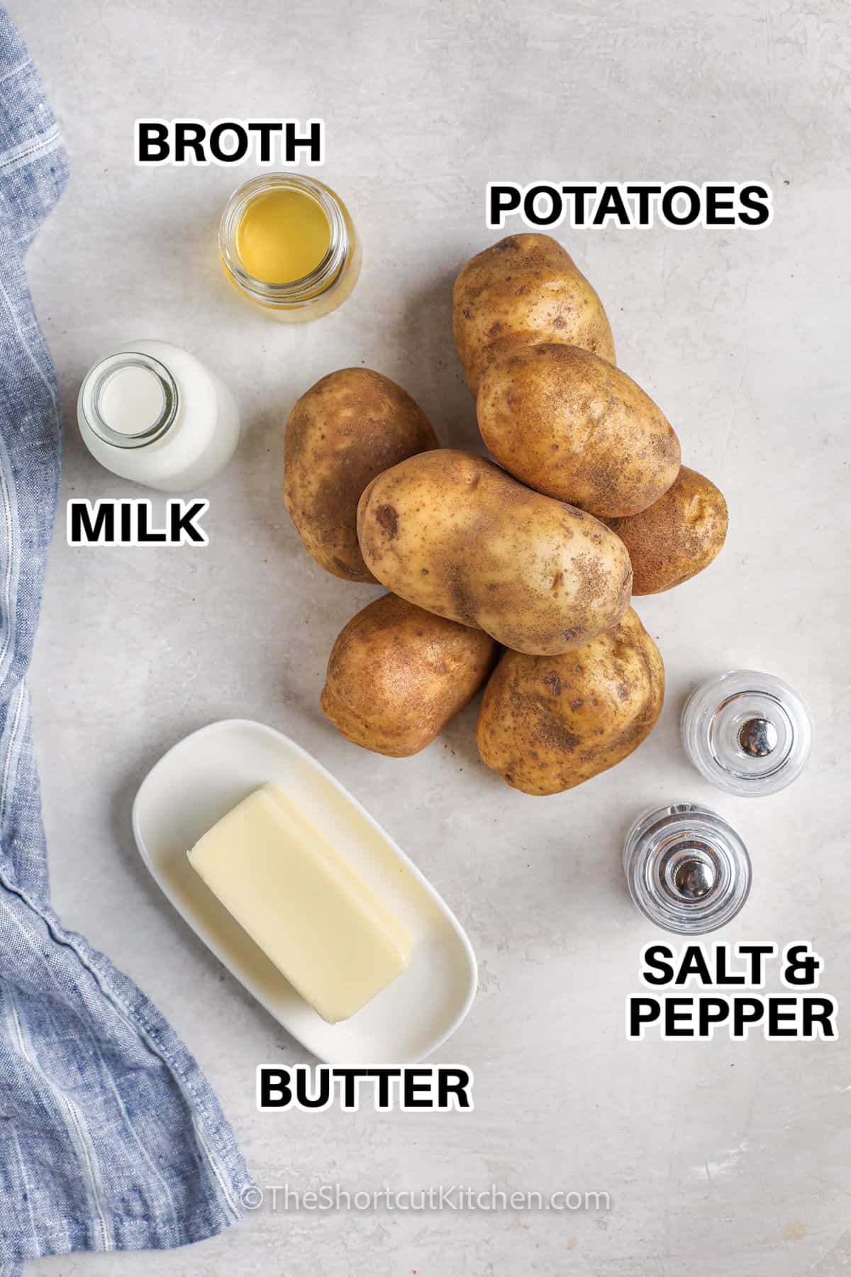 potatoes , broth , milk , butter and salt and pepper with labels to make Microwave Mashed Potatoes